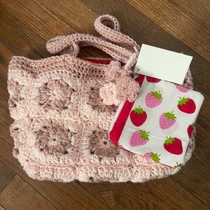 Pink Crochet Kids Bag with Strawberry Pouch